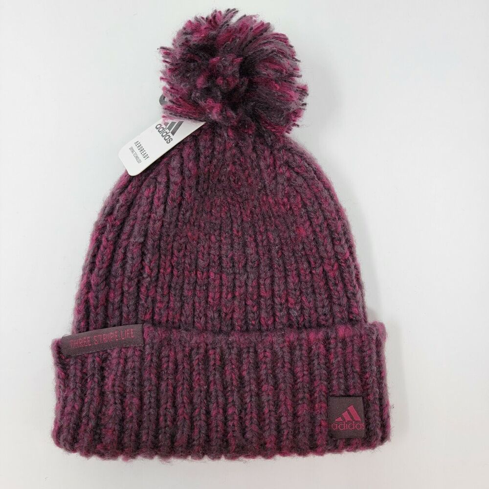 Adidas Autumn Ballie Beanie Pom Pom Chunky Knit Noble Purple Power Berry NEW
